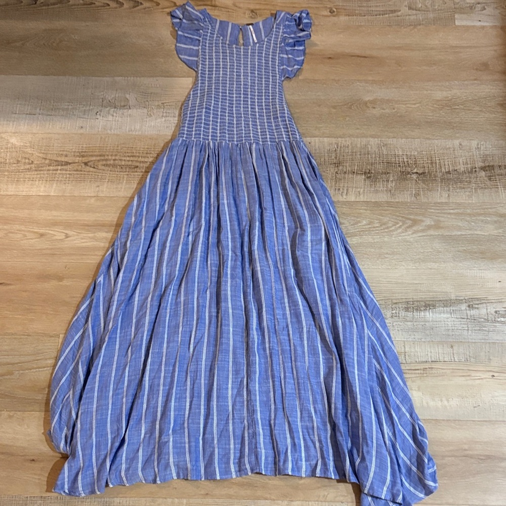Free People Blue and White Striped Maxi Dress with Stitching Size M